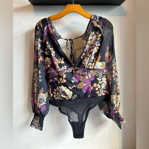 FP Intimately Floral Print Black Noir long sleeve Bodysuit Size S